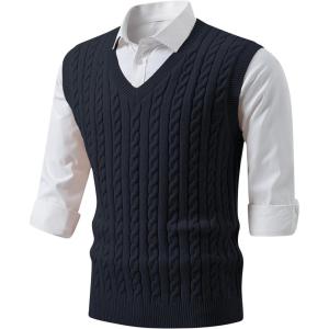 JMIERR Men’s Sweater Vests Causal Sleeveless Cable Striped Knit V Neck Pullover(Dark Grey)