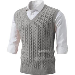 JMIERR Men’s Sweater Vests Causal Sleeveless Cable Striped Knit V Neck Pullover(Gray)