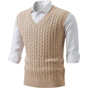 JMIERR Men’s Sweater Vests Causal Sleeveless Cable Striped Knit V Neck Pullover(Parchment)