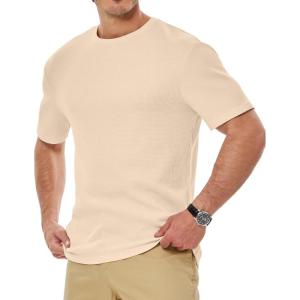 JMIERR Mens T Shirt Casual Solid Color Crewneck Stretch Short Sleeve Waffle Knit Tees(Parchment)