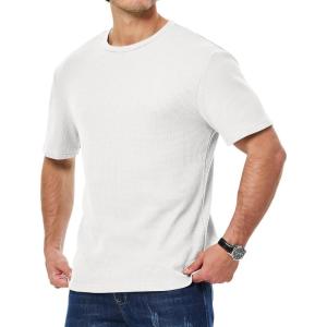 JMIERR Mens T Shirt Casual Solid Color Crewneck Stretch Short Sleeve Waffle Knit Tees(White)