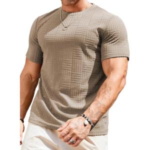 JMIERR Mens T-Shirt Casual Stretch Solid Crewneck Short Sleeve Tees Textured Shirts(Beige)