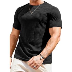 JMIERR Mens T-Shirt Casual Stretch Solid Crewneck Short Sleeve Tees Textured Shirts(Black)
