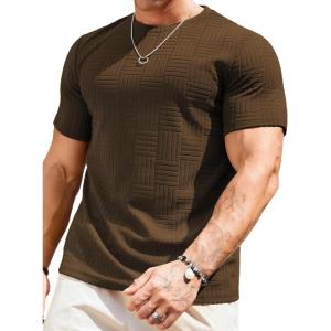 JMIERR Mens T-Shirt Casual Stretch Solid Crewneck Short Sleeve Tees Textured Shirts(Brown)