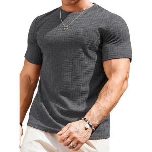 JMIERR Mens T-Shirt Casual Stretch Solid Crewneck Short Sleeve Tees Textured Shirts(Dark Grey)