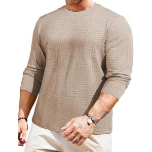 JMIERR Mens T-Shirt Casual Stretch Solid Crewneck Short Sleeve Tees Textured Shirts(Long Sleeve – Light French Beige)