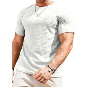 JMIERR Mens T-Shirt Casual Stretch Solid Crewneck Short Sleeve Tees Textured Shirts(White)