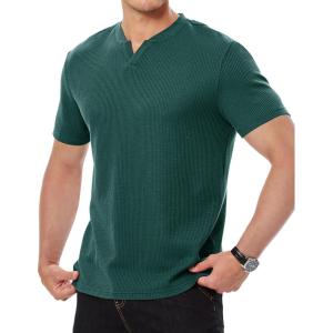 JMIERR Mens Waffle Cotton T Shirt V-Neck Henley Shirt Short Sleeve Work Casual Tee Shirts(Blackish Green)