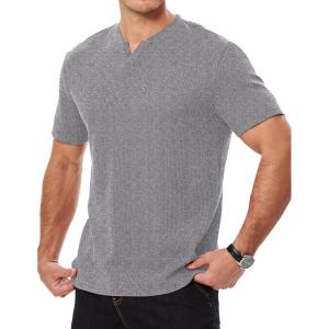 JMIERR Mens Waffle Cotton T Shirt V-Neck Henley Shirt Short Sleeve Work Casual Tee Shirts(Grey)