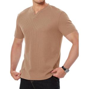 JMIERR Mens Waffle Cotton T Shirt V-Neck Henley Shirt Short Sleeve Work Casual Tee Shirts(Khaki)