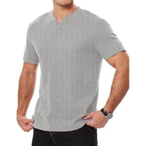 JMIERR Mens Waffle Cotton T Shirt V-Neck Henley Shirt Short Sleeve Work Casual Tee Shirts(Light Grey)