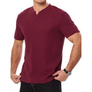 JMIERR Mens Waffle Cotton T Shirt V-Neck Henley Shirt Short Sleeve Work Casual Tee Shirts(Red)