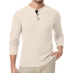 JMIERR Men’s Waffle Henley Shirts Crewneck Long Sleeve Button Casual T-Shirt with Pocket(Apricot)