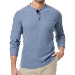 JMIERR Men’s Waffle Henley Shirts Crewneck Long Sleeve Button Casual T-Shirt with Pocket(Blue)
