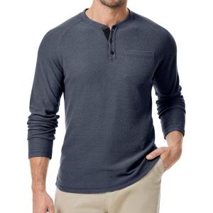 JMIERR Men’s Waffle Henley Shirts Crewneck Long Sleeve Button Casual T-Shirt with Pocket(Dark Grey)