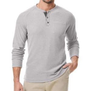 JMIERR Men’s Waffle Henley Shirts Crewneck Long Sleeve Button Casual T-Shirt with Pocket(Light Grey)