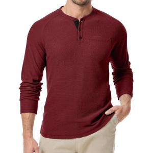 JMIERR Men’s Waffle Henley Shirts Crewneck Long Sleeve Button Casual T-Shirt with Pocket(Red)