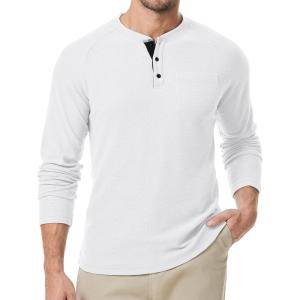 JMIERR Men’s Waffle Henley Shirts Crewneck Long Sleeve Button Casual T-Shirt with Pocket(White)