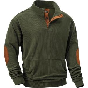 JMIERR Mens Warm Corduroy Sweatshirt Casual Stand Collar Quarter Fall Metal Button Pullover Sweaters Long Sleeve with Pockets(A Jungle Green)