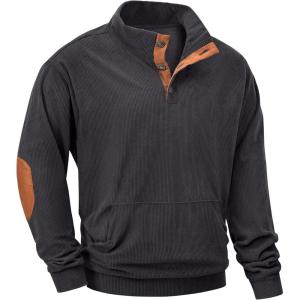JMIERR Mens Warm Corduroy Sweatshirt Casual Stand Collar Quarter Fall Metal Button Pullover Sweaters Long Sleeve with Pockets(B Carbon Grey)