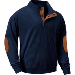 JMIERR Mens Warm Corduroy Sweatshirt Casual Stand Collar Quarter Fall Metal Button Pullover Sweaters Long Sleeve with Pockets(B Navy Blue)