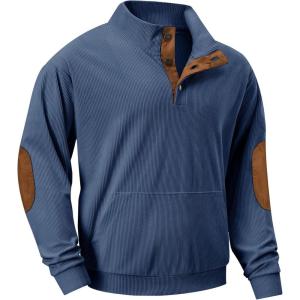 JMIERR Mens Warm Corduroy Sweatshirt Casual Stand Collar Quarter Fall Metal Button Pullover Sweaters Long Sleeve with Pockets(B Teal Blue)