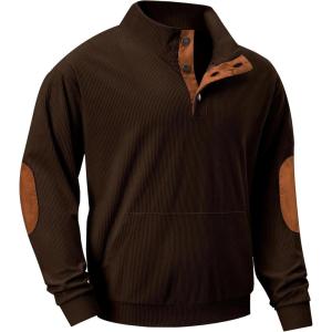 JMIERR Mens Warm Corduroy Sweatshirt Casual Stand Collar Quarter Fall Metal Button Pullover Sweaters Long Sleeve with Pockets(C Dark Brown)
