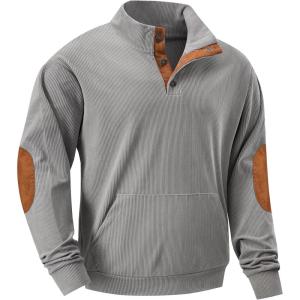 JMIERR Mens Warm Corduroy Sweatshirt Casual Stand Collar Quarter Fall Metal Button Pullover Sweaters Long Sleeve with Pockets(C Light Grey)
