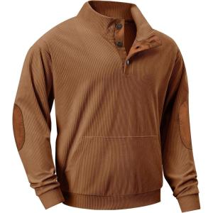 JMIERR Mens Warm Corduroy Sweatshirt Casual Stand Collar Quarter Fall Metal Button Pullover Sweaters Long Sleeve with Pockets(F Chestnut Brown)