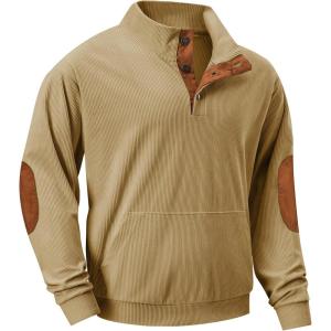 JMIERR Mens Warm Corduroy Sweatshirt Casual Stand Collar Quarter Fall Metal Button Pullover Sweaters Long Sleeve with Pockets(F Light French Beige)