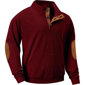JMIERR Mens Warm Corduroy Sweatshirt Casual Stand Collar Quarter Fall Metal Button Pullover Sweaters Long Sleeve with Pockets(T Red)