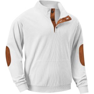 JMIERR Mens Warm Corduroy Sweatshirt Casual Stand Collar Quarter Fall Metal Button Pullover Sweaters Long Sleeve with Pockets(T White)