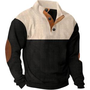 JMIERR Mens Warm Corduroy Sweatshirt Casual Stand Collar Quarter Fall Metal Button Pullover Sweaters Long Sleeve with Pockets(X Black)