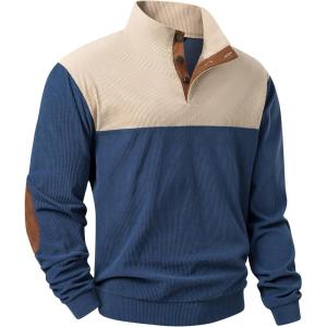 JMIERR Mens Warm Corduroy Sweatshirt Casual Stand Collar Quarter Fall Metal Button Pullover Sweaters Long Sleeve with Pockets(Z Blue)
