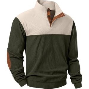 JMIERR Mens Warm Corduroy Sweatshirt Casual Stand Collar Quarter Fall Metal Button Pullover Sweaters Long Sleeve with Pockets(Z Green)