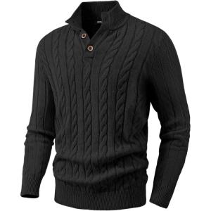 JMIERR Men’s Wool Blend Cable Knit Sweater Casual Long Sleeve Button Stand Collar Old Money Pullover Sweaters(Black)