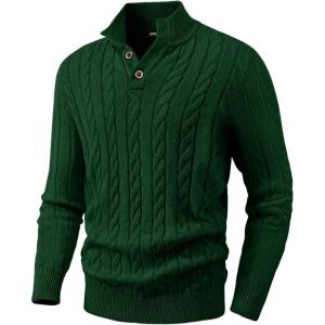 JMIERR Men’s Wool Blend Cable Knit Sweater Casual Long Sleeve Button Stand Collar Old Money Pullover Sweaters(Green)