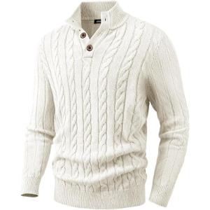 JMIERR Men’s Wool Blend Cable Knit Sweater Casual Long Sleeve Button Stand Collar Old Money Pullover Sweaters(White)