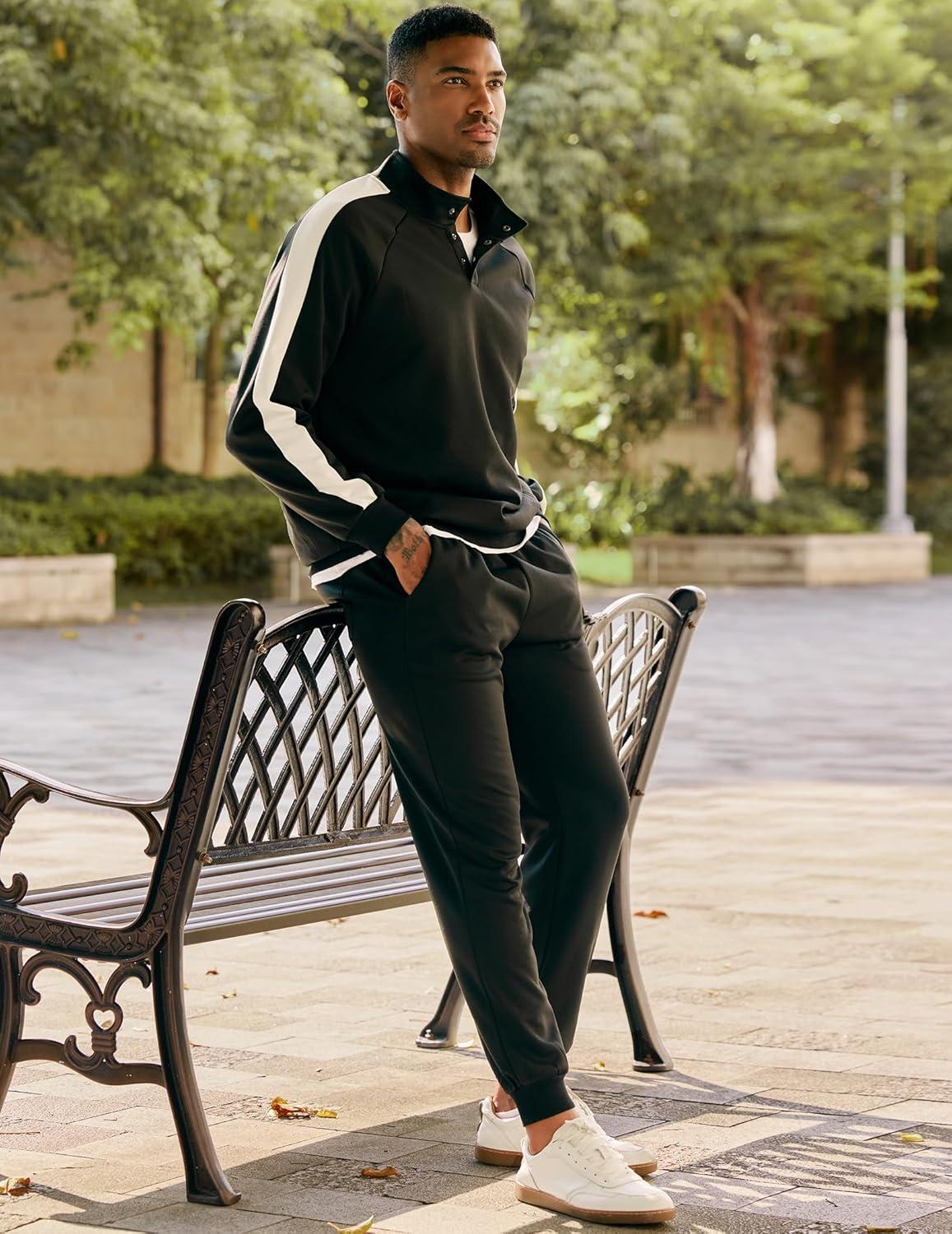 imageJMIERR Mens 2 Piece Casual Outfits Quarter Button Lightweight Sweatshirt Tracksuit ampamp Joggers Sweatpants Sweatsuit SetBlack