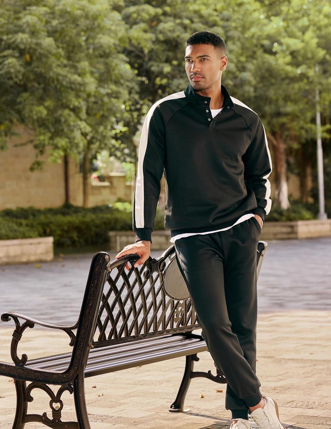 imageJMIERR Mens 2 Piece Casual Outfits Quarter Button Lightweight Sweatshirt Tracksuit ampamp Joggers Sweatpants Sweatsuit SetBlack