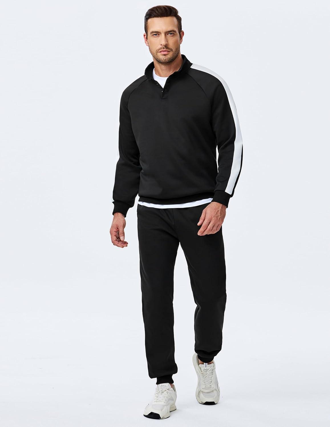 imageJMIERR Mens 2 Piece Casual Outfits Quarter Button Lightweight Sweatshirt Tracksuit ampamp Joggers Sweatpants Sweatsuit SetBlack