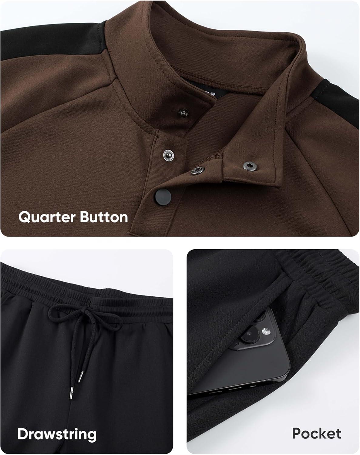 imageJMIERR Mens 2 Piece Casual Outfits Quarter Button Lightweight Sweatshirt Tracksuit ampamp Joggers Sweatpants Sweatsuit SetBrown