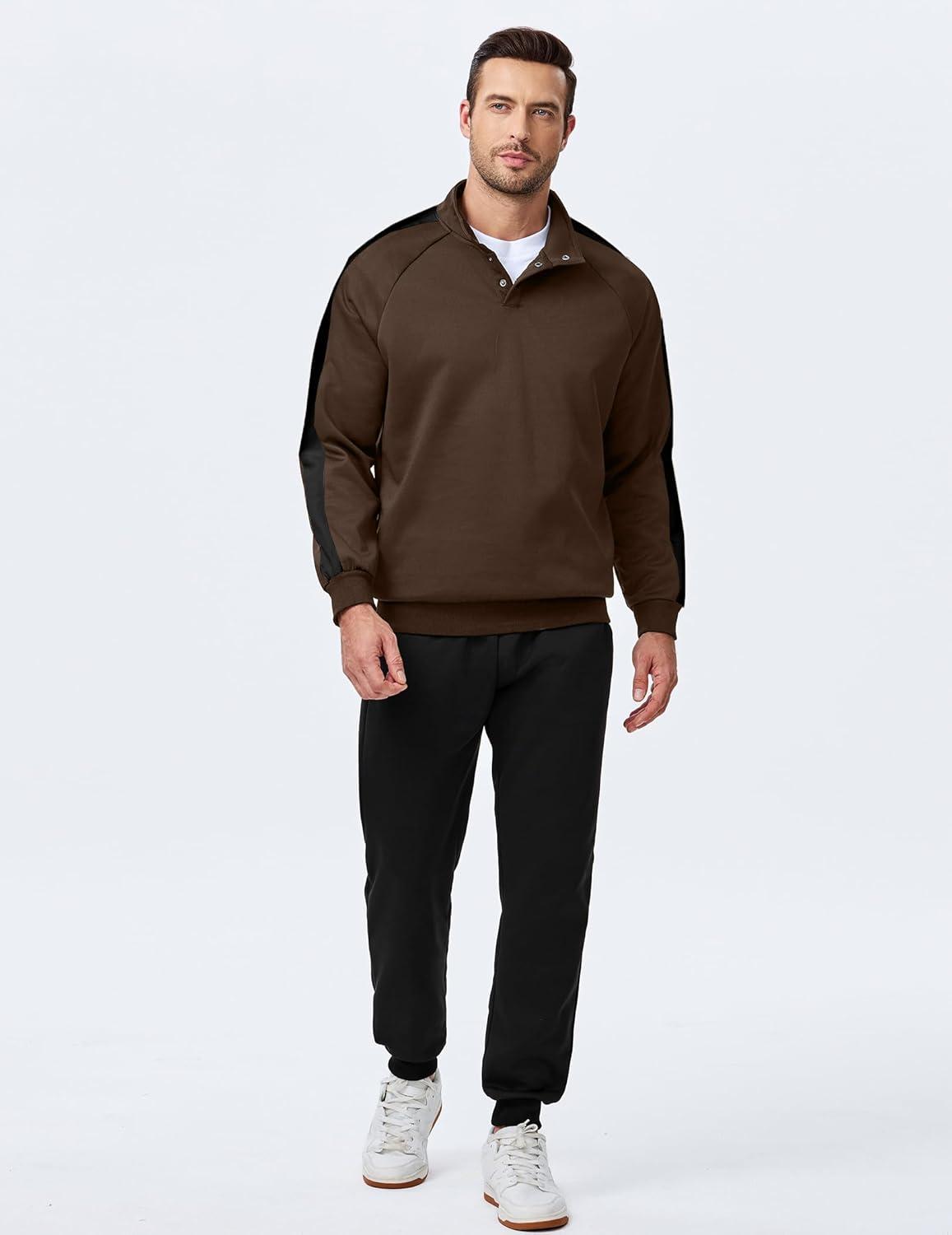 imageJMIERR Mens 2 Piece Casual Outfits Quarter Button Lightweight Sweatshirt Tracksuit ampamp Joggers Sweatpants Sweatsuit SetBrown