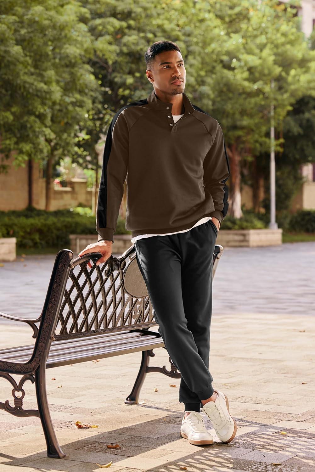 imageJMIERR Mens 2 Piece Casual Outfits Quarter Button Lightweight Sweatshirt Tracksuit ampamp Joggers Sweatpants Sweatsuit SetBrown