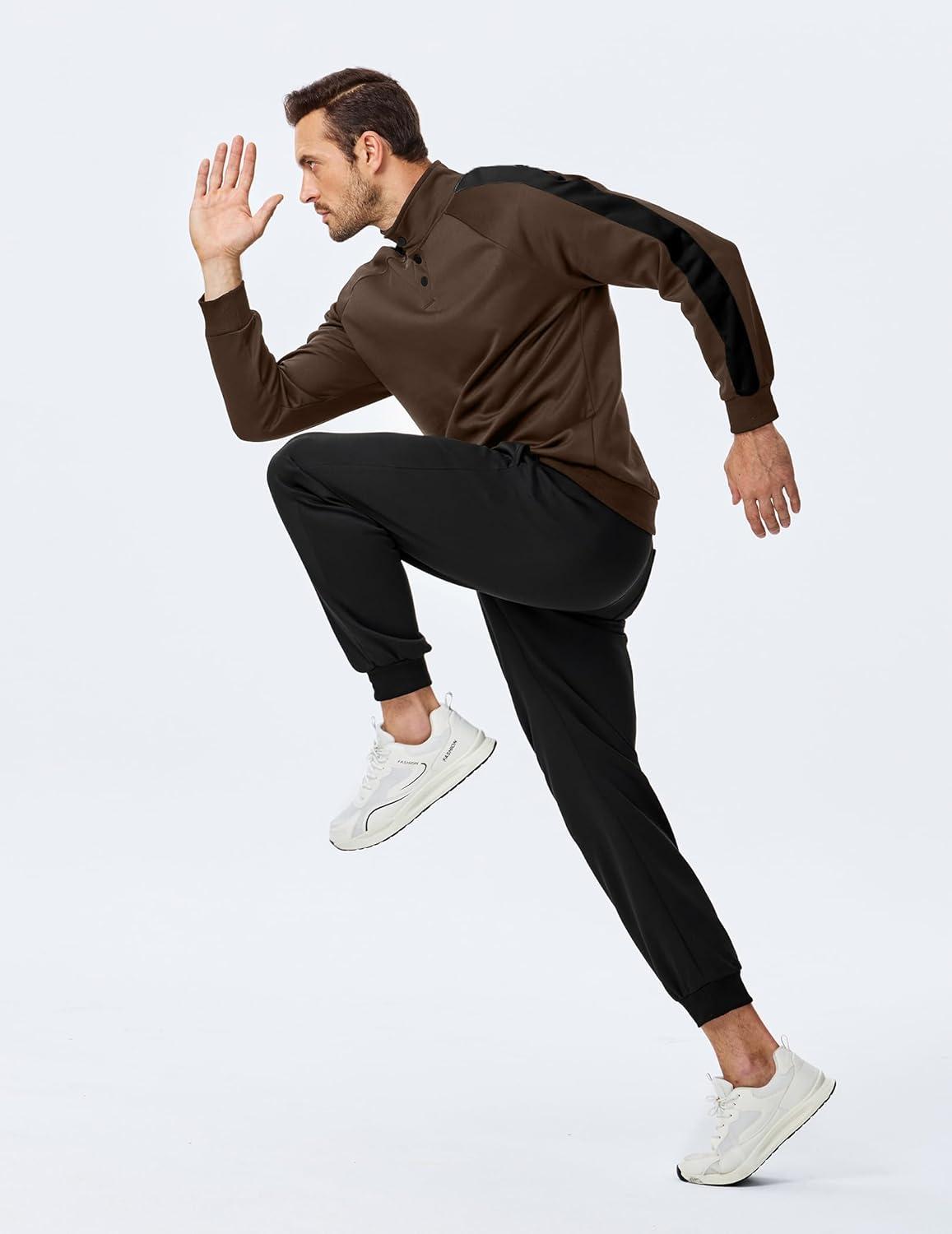 imageJMIERR Mens 2 Piece Casual Outfits Quarter Button Lightweight Sweatshirt Tracksuit ampamp Joggers Sweatpants Sweatsuit SetBrown