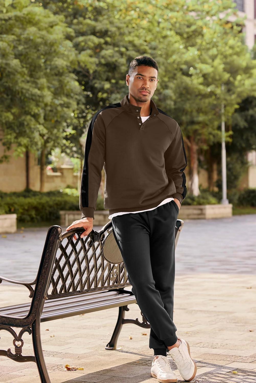 imageJMIERR Mens 2 Piece Casual Outfits Quarter Button Lightweight Sweatshirt Tracksuit ampamp Joggers Sweatpants Sweatsuit SetBrown