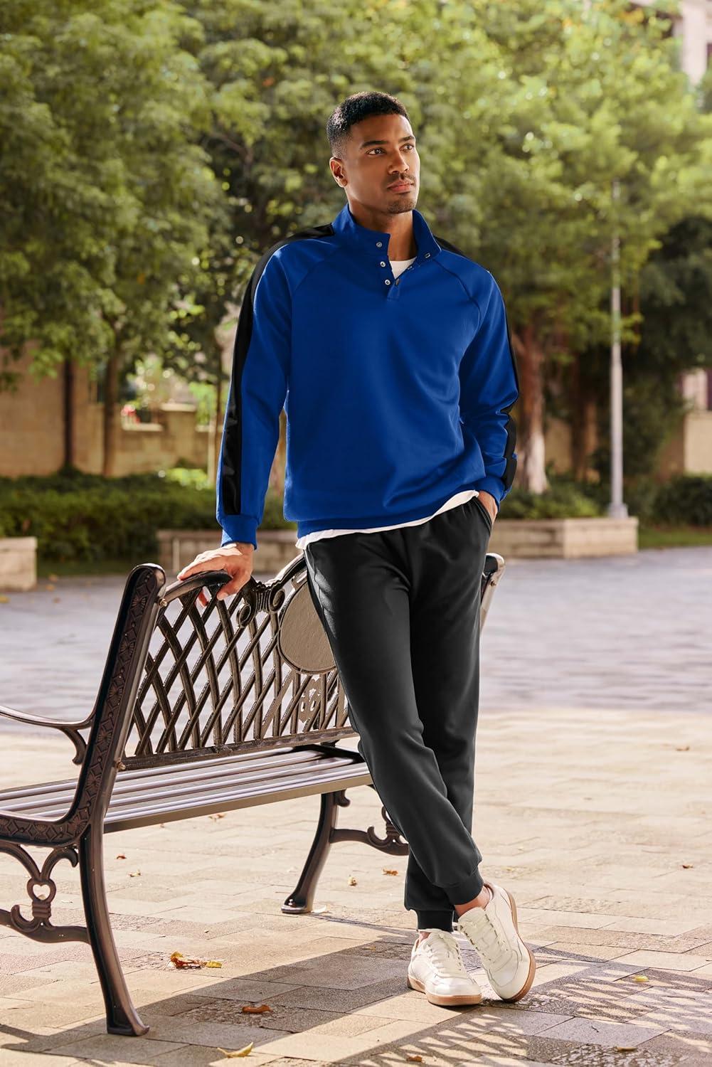 imageJMIERR Mens 2 Piece Casual Outfits Quarter Button Lightweight Sweatshirt Tracksuit ampamp Joggers Sweatpants Sweatsuit SetDark Blue