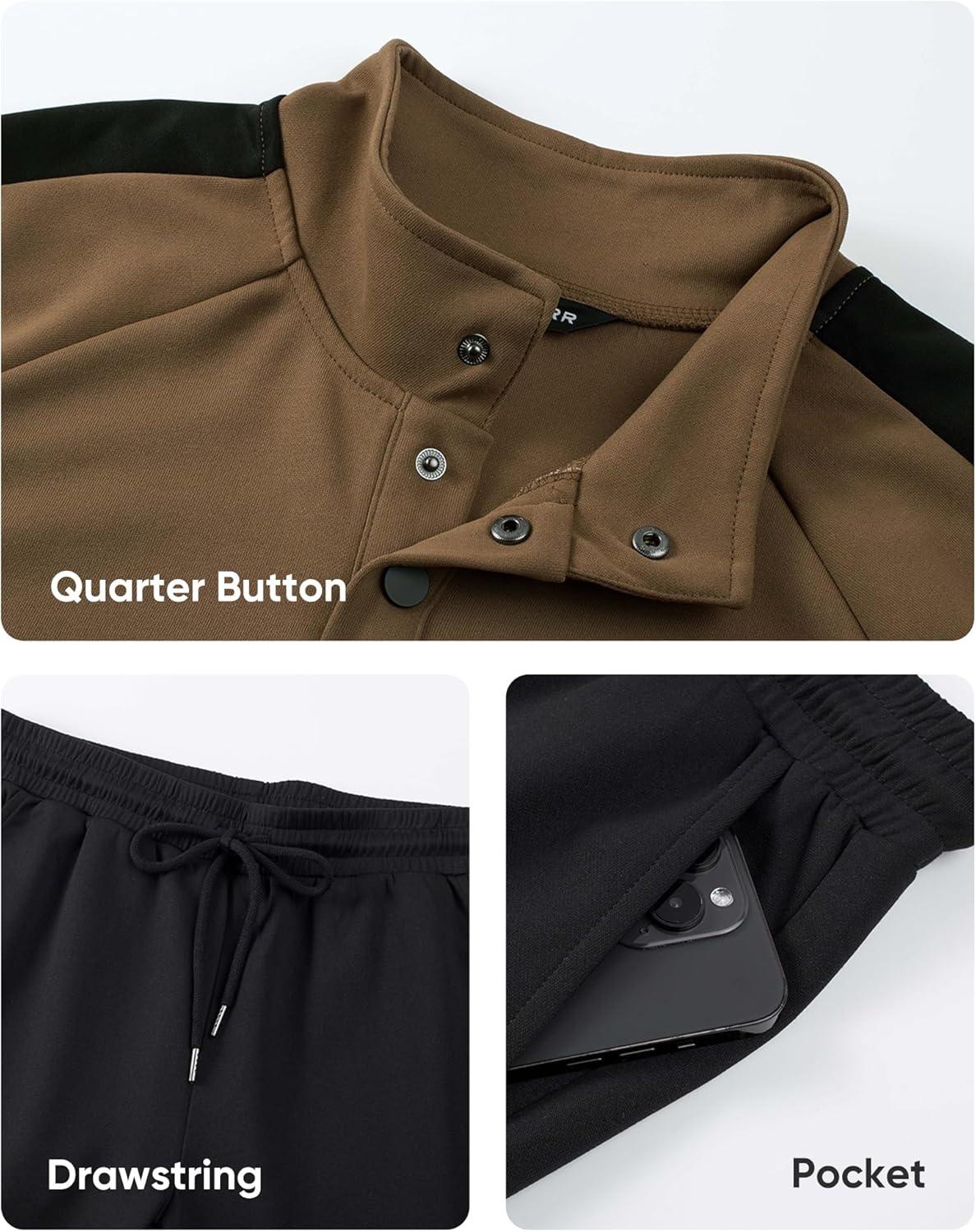 imageJMIERR Mens 2 Piece Casual Outfits Quarter Button Lightweight Sweatshirt Tracksuit ampamp Joggers Sweatpants Sweatsuit SetKhaki