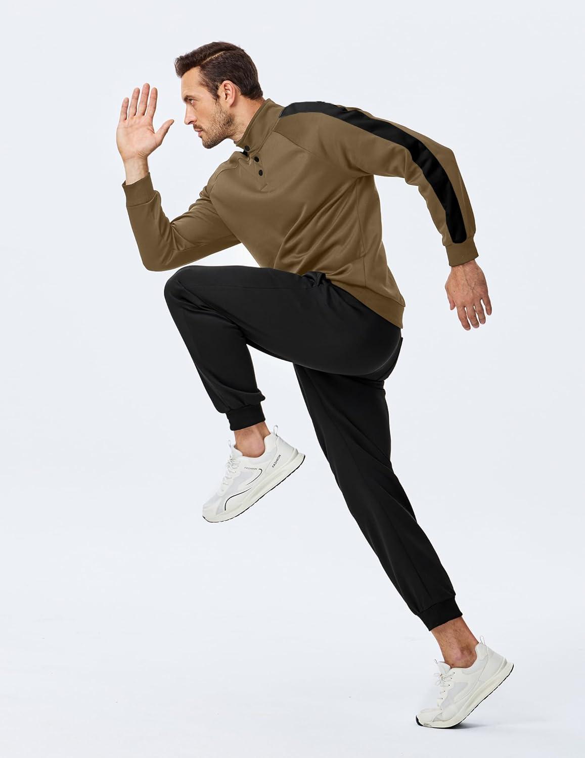 imageJMIERR Mens 2 Piece Casual Outfits Quarter Button Lightweight Sweatshirt Tracksuit ampamp Joggers Sweatpants Sweatsuit SetKhaki