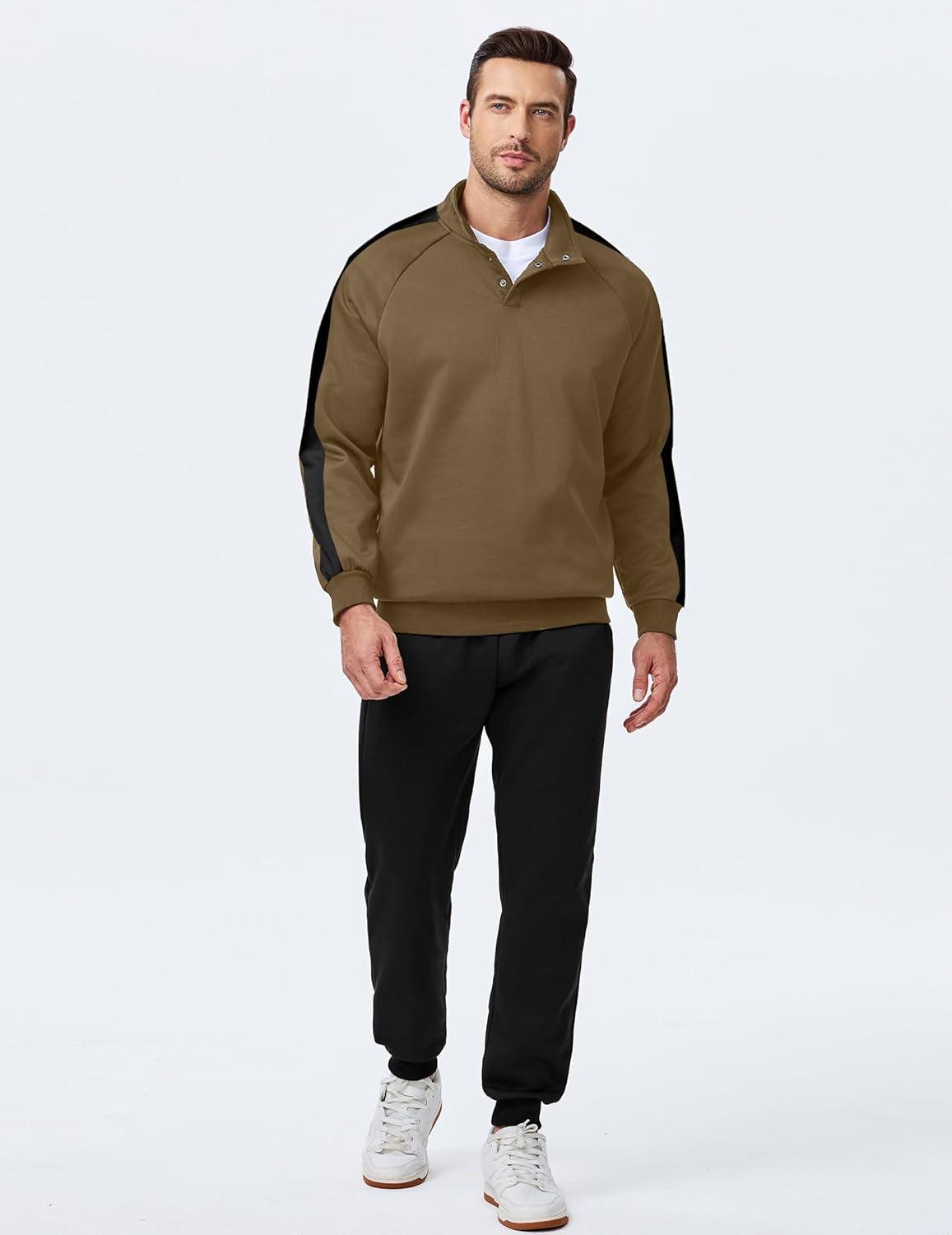 imageJMIERR Mens 2 Piece Casual Outfits Quarter Button Lightweight Sweatshirt Tracksuit ampamp Joggers Sweatpants Sweatsuit SetKhaki